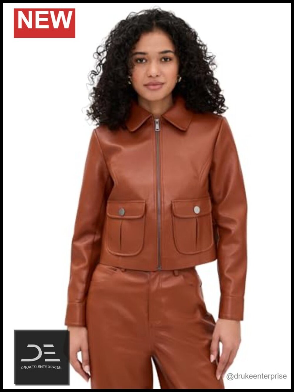 Faux Leather Jacket Collared Snap Cuffs Zip Front Faux Leather Women's Outerwear